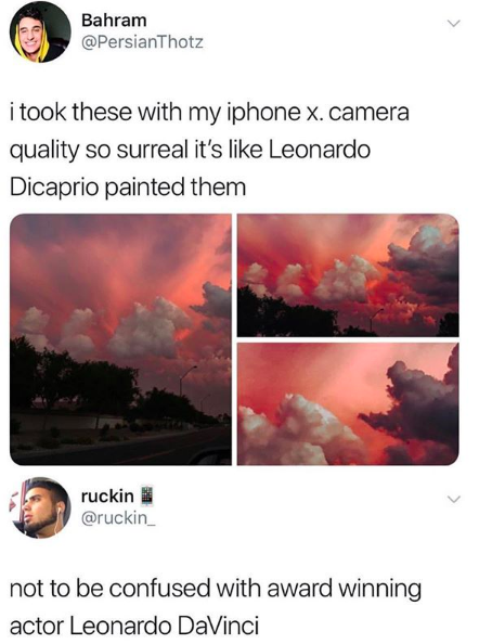 Meme with words: "I took these [pictures of sunset] with my iphone x. camera quality so surreal it's like Leonardo Dicaprio painted them." Another commenter wrote: "not to be confused with award winning actor Leonardo DaVinci"