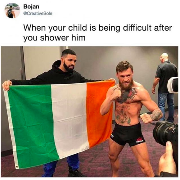 Meme with words: "When your child is being difficult after you shower him" with image of Drake holding a flag behind a wrestler
