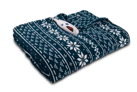 blue and white patterned electric blanket