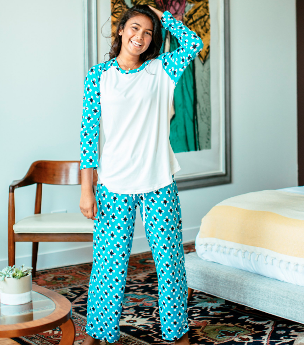 blue patterned pajama pants and top