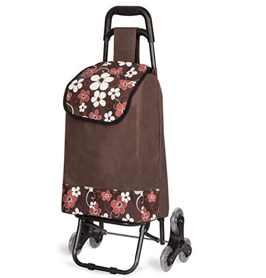 rolling cart with brown bag with flowers
