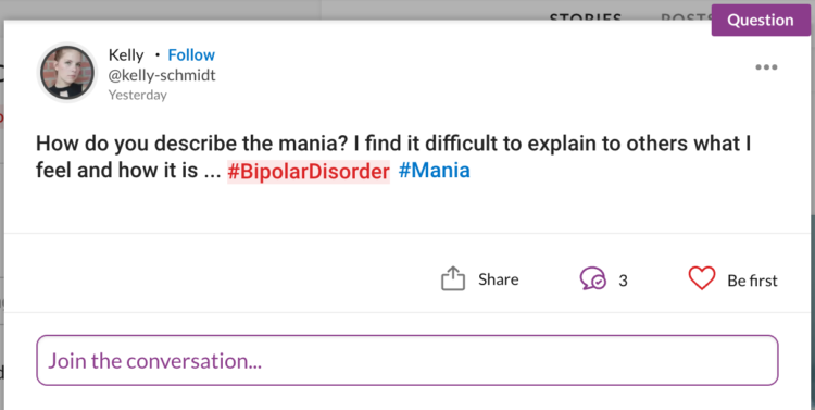 question asking how to describe bipolar disorder mania. click to answer
