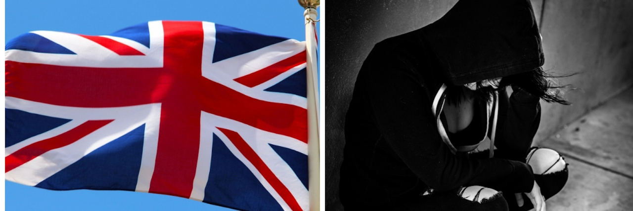 British flag on the left, distressed person kneeling on the right