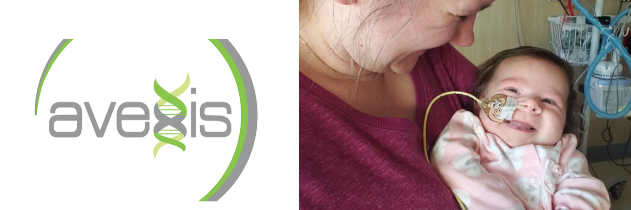 split image with Avexis logo and a mother holding her baby with SMA