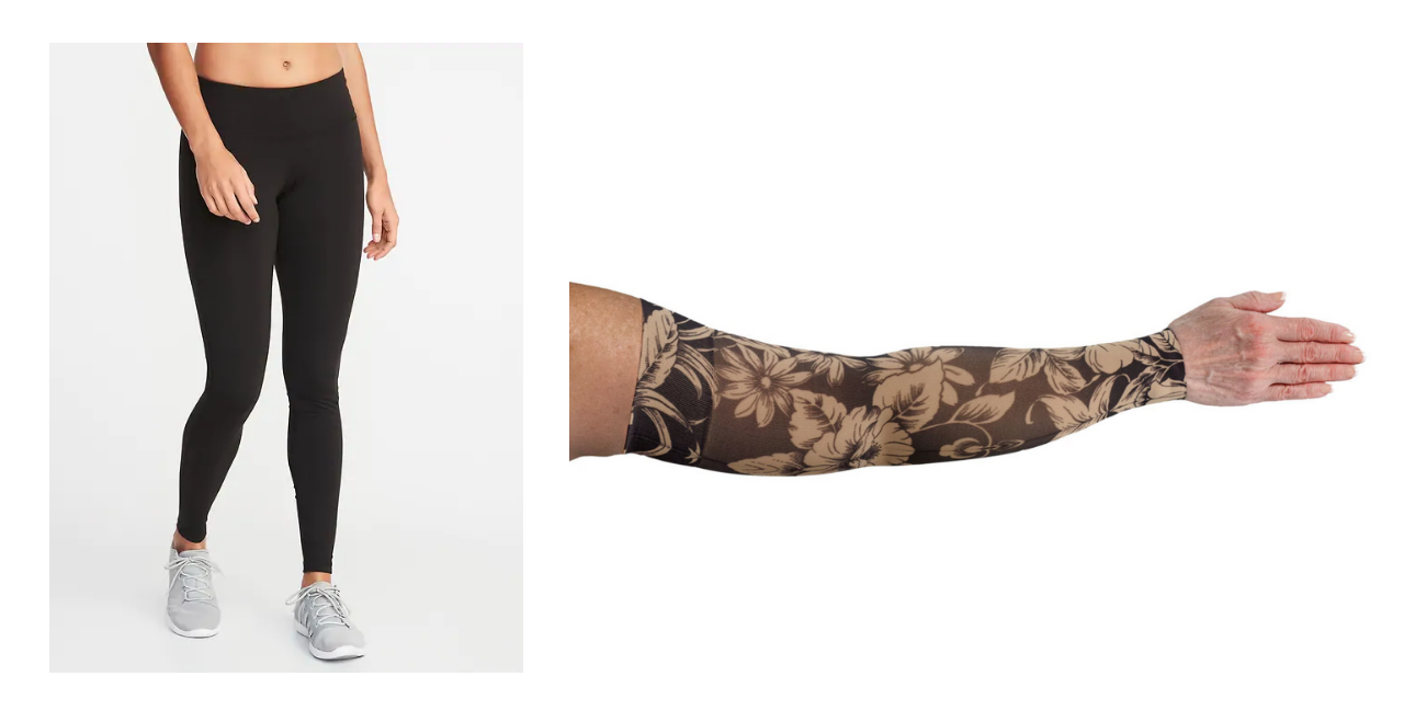 old navy mid-rise compression leggings and lymphedivas compression arm sleeve