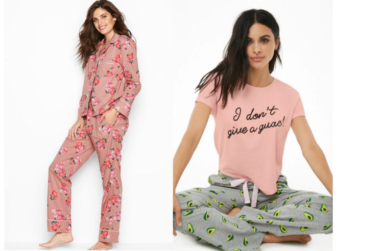 pink pajama set and pink shirt that says i dont give a guac with avocado printed pajama pants