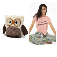 stuffed owl, pajamas and lyft gift card