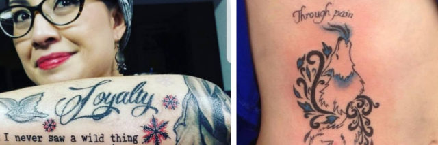 one tattoo on a woman's arm and another on a woman's side