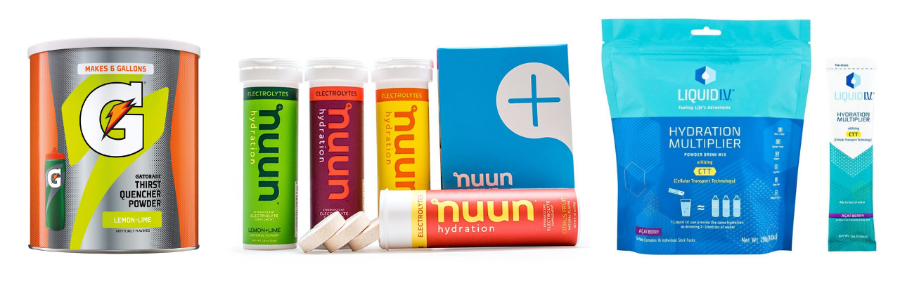 gatorade powder, nuun tablets, I.V. hydration powder