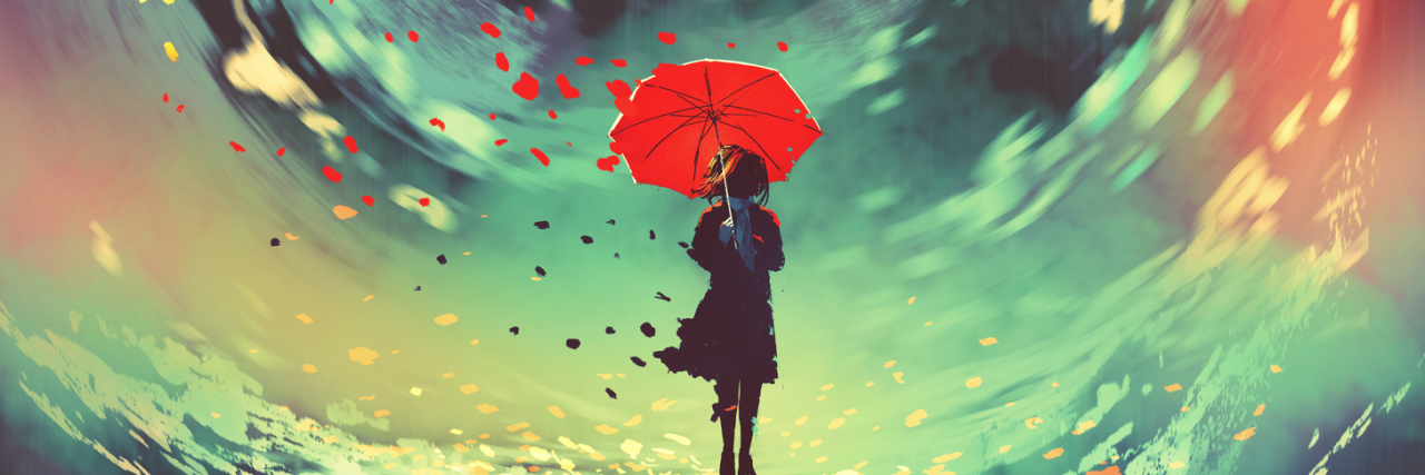 What It's Like in Between Sick and Well With ME/CFS girl with red umbrella makes a swirling water in the sky, digital art style, illustration painting