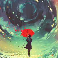 girl with red umbrella makes a swirling water in the sky, digital art style, illustration painting