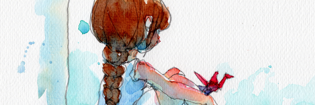 The Isolation and Embarrassment That Comes With Chronic Illness watercolor painting illustration set of girl in white dress with red paper birds and lighthouse, hand drawn on paper