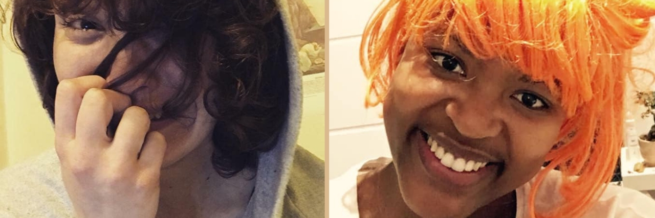 Two selfies. One of a woman who looks distressed, one of a smiling woman in an orange wig
