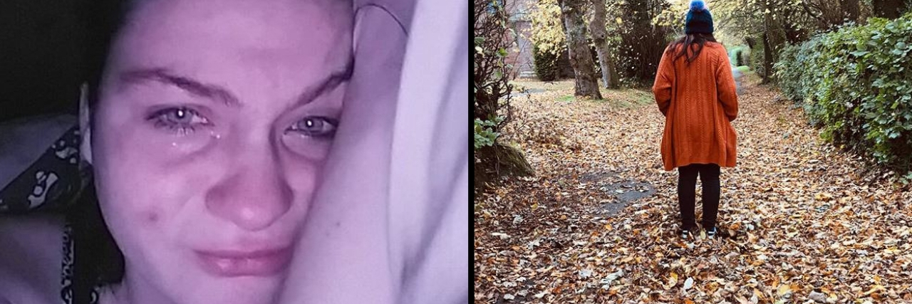split screen of two photos. On the left, a photo of someone lying in bed with tears on her eyes. On the right, a woman walking through fall leaves.