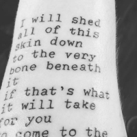 A tattoo on a woman's forearm. It reads: I will shed all of this skin down to the very bone beneath it if that’s what it will take for you to come to the realization that appearance is not what makes a human beautiful