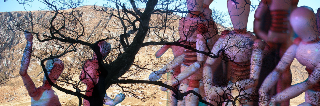 multiple human like figures superimposed over a scene of tree branches and mountains