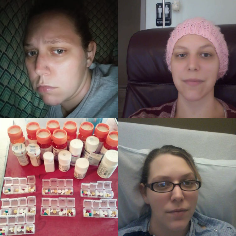 collage of four photos, three of selfies and one of pill bottles