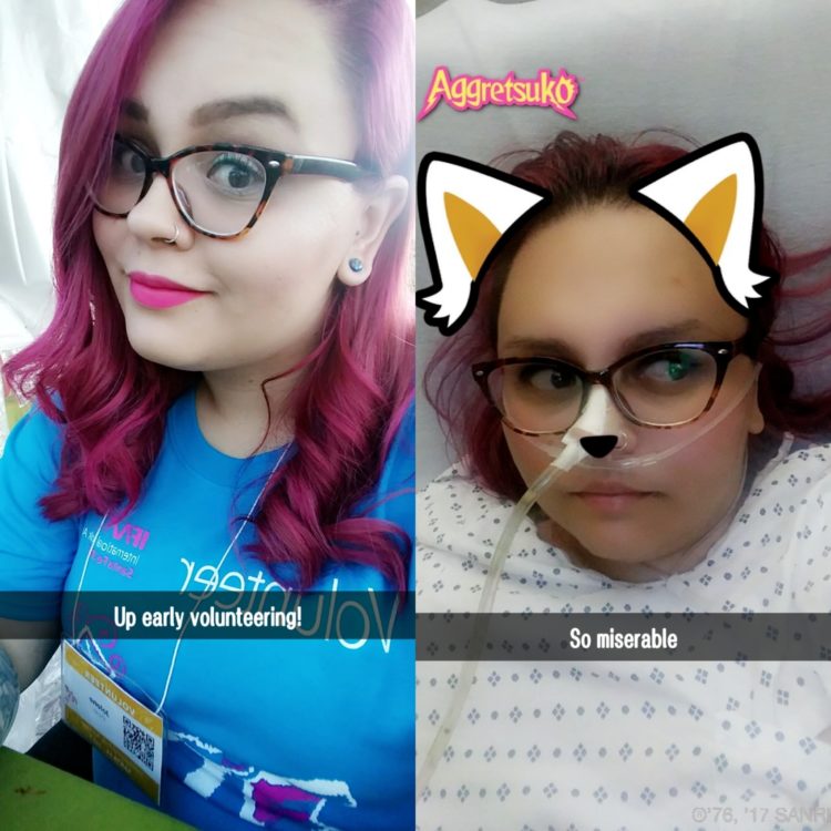 side by side photos of woman looking healthy and in the hospital