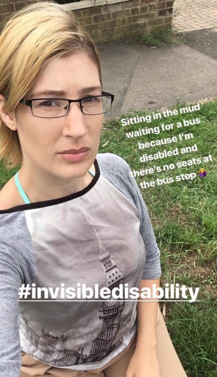 woman outside on grass with caption about sitting in the mud waiting for the bus