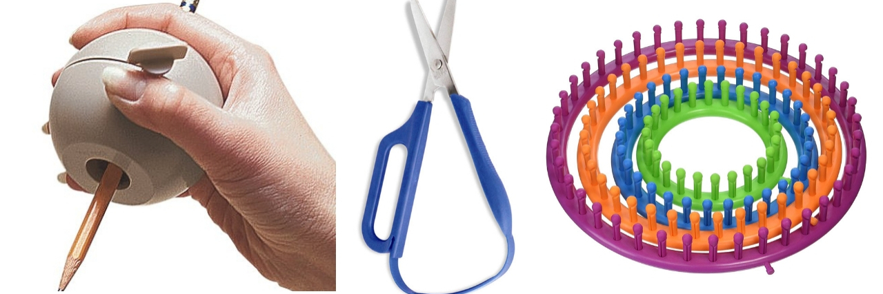 How to Adapt Your Favorite Crafts If You Have Limited Mobility Hand aid ball grip, easy grip scissors with loop and set of knitting looms