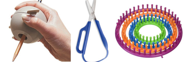 Hand aid ball grip, easy grip scissors with loop and set of knitting looms