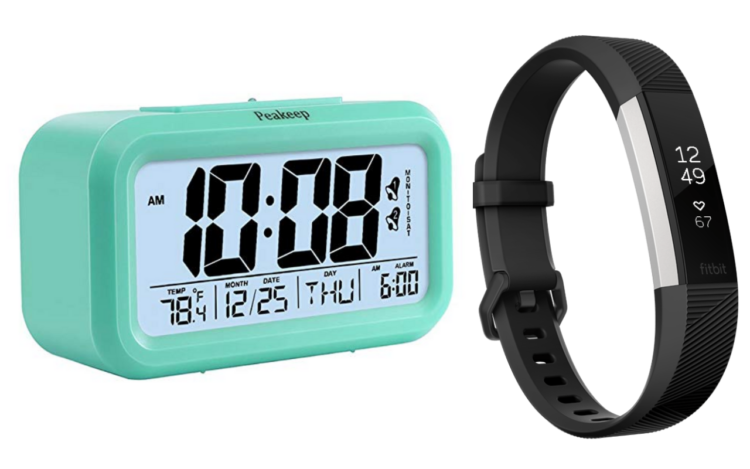 Teal alarm clock and FitBit