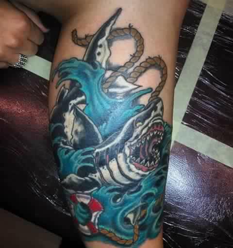 shark caught in net tattoo 