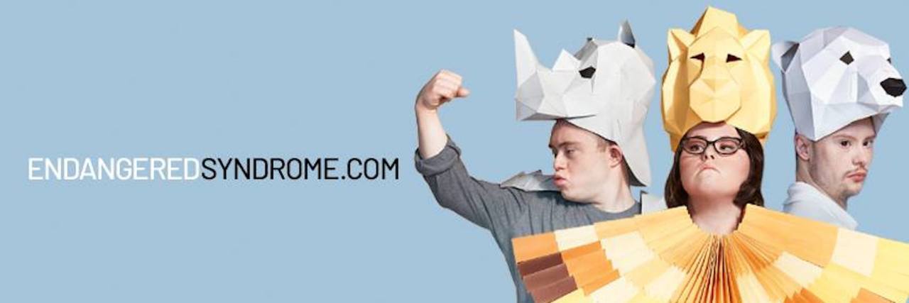 image of three peoplewith Down syndrome wearing paper costumes of animals with the text: endangeredsyndrome dot com