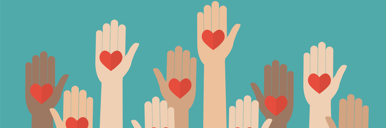 Illustration of raised hands with hearts on them
