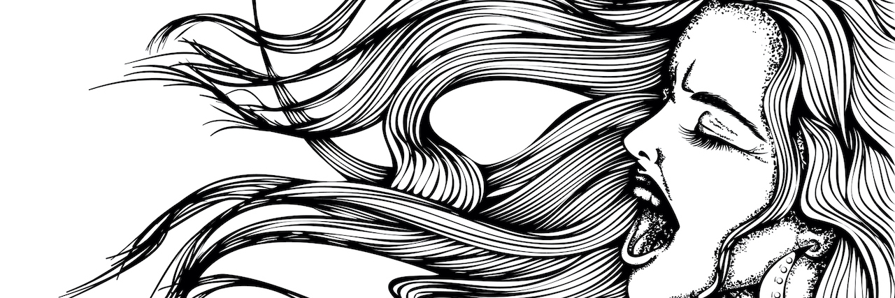 Black and white drawing of woman screaming with her hair flowing in front of her