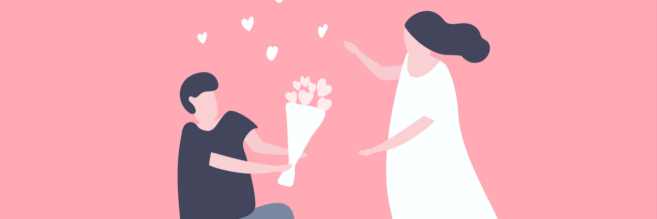 Man kneeling down and give flower to a woman -- illustration.