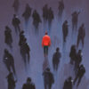 illustration of one man in a red jacket sticking out from a crowd of people wearing black