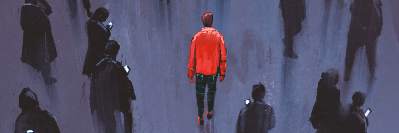 Sticking Out and Being Different Because of Chronic Illness illustration of one man in a red jacket sticking out from a crowd of people wearing black