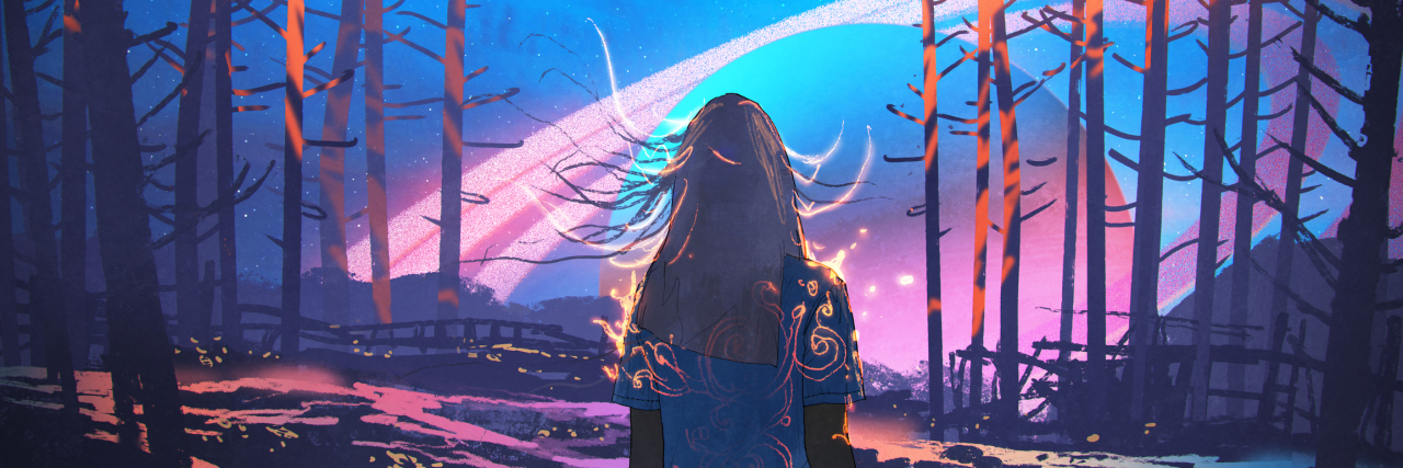 What It's Like to Be Passively Suicidal — Constantly woman standing alone in forest with fictional planets background, digital art style, illustration painting