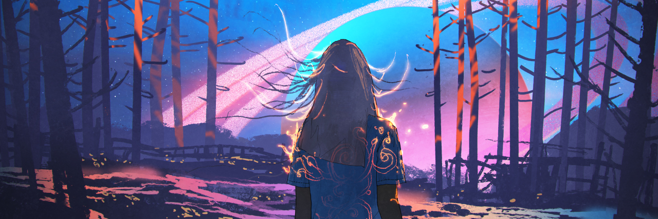 5 Common Misconceptions About Multiple Chemical Sensitivity woman standing alone in forest with fictional planets background, digital art style, illustration painting