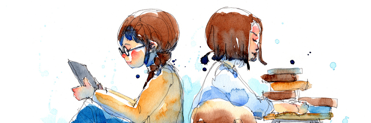 Children With Autism Need Ongoing Supports at School Watercolor image of two students, one with a tablet and one with a pile of books. They are sitting back to back.