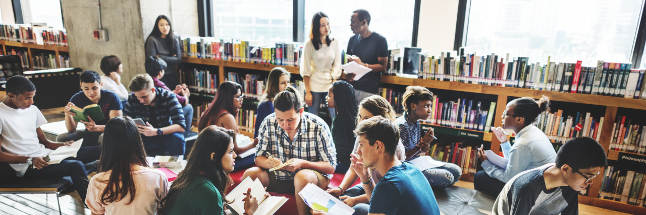 University students in a library.