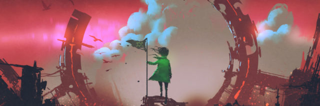 a girl with flag standing on ruins of city looking at clouds in the red sky, digital art style, illustration painting