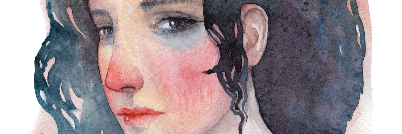 A watercolor portrait of a woman with a sad expression on her face