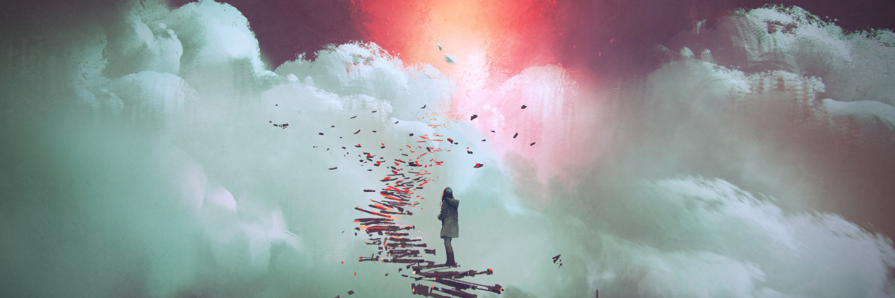 Asking 'What If?' When You Live With Chronic Health Issues illustration of young woman standing on broken stairs leading up to sky