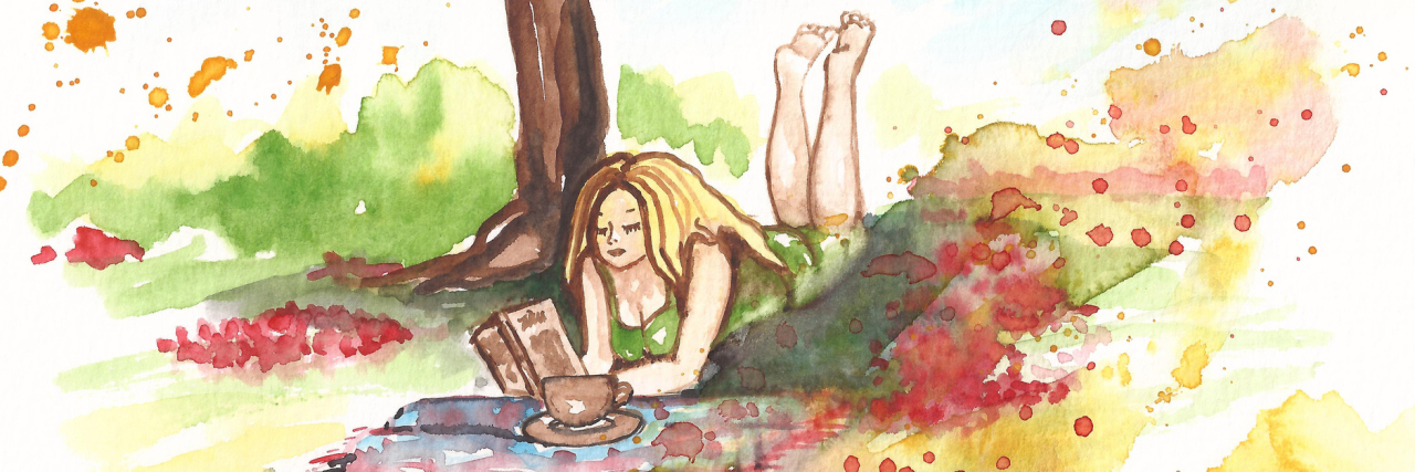 What Self-Care Really Looks Like With Chronic Illness illustration of a woman lying under a tree reading