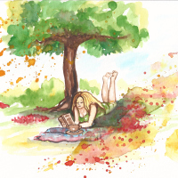 illustration of a woman lying under a tree reading