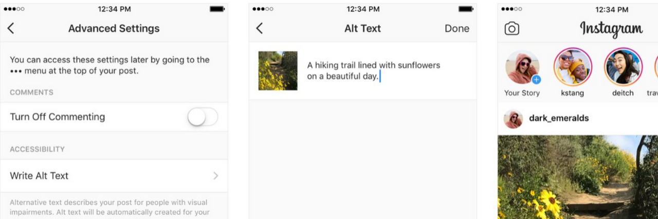 Instagram Adds Automatic Alternative Text for Visually Impaired Users Instagram screenshots of adding alt text by going to advanced settings before sharing a photo