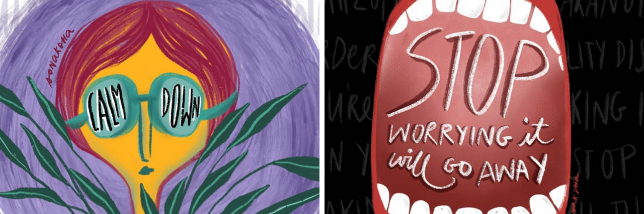 Artist Creates Instagram Series About Ignorant Mental Health Advice Two illustrations: one says "calm down" in a girl's green glasses with leaves around her; the other says "stop worrying about it. It will go away" inside a mouth.