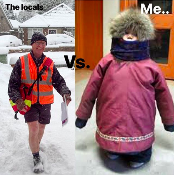 mailman wearing shorts in a blizzard, and small child dressed up in giant winter coat. image says "the locals vs. me"