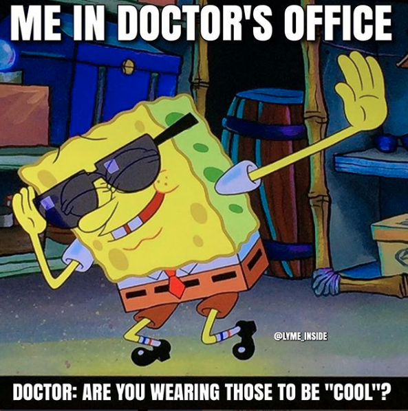 spongebob wearing sunglasses and caption, me in doctors office. doctor: are you wearing those to be cool?