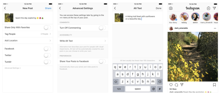 Photos of Instagram app; first is a screen shot of the upload details before a new post; second is of advanced settings; third is alt text sample; fourth is photo with alt text.