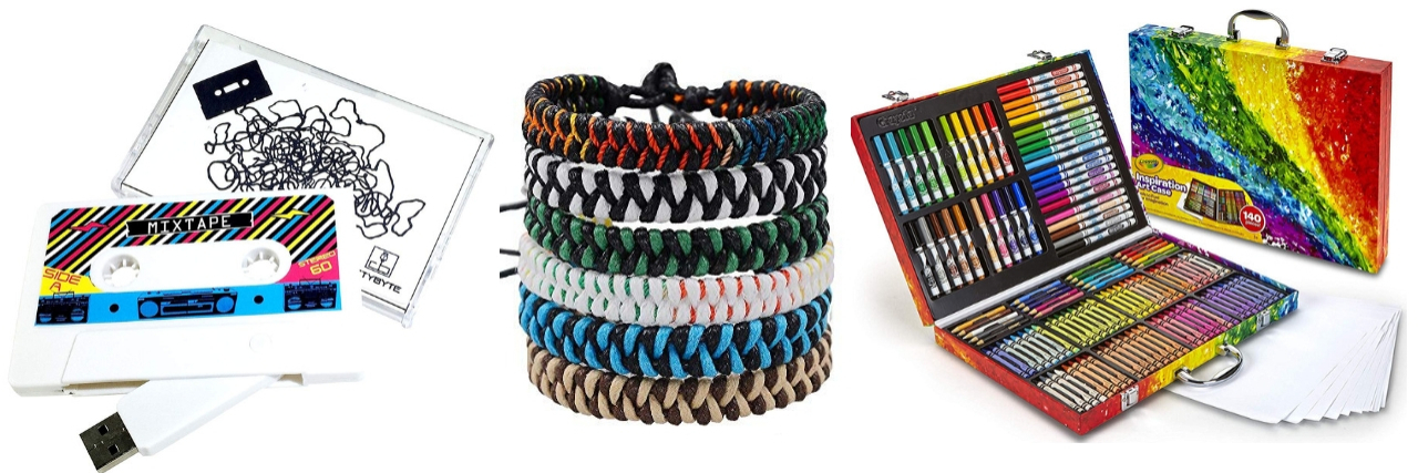 Cassette USB mistape, colorful friendship bracelets and Crayola coloring set
