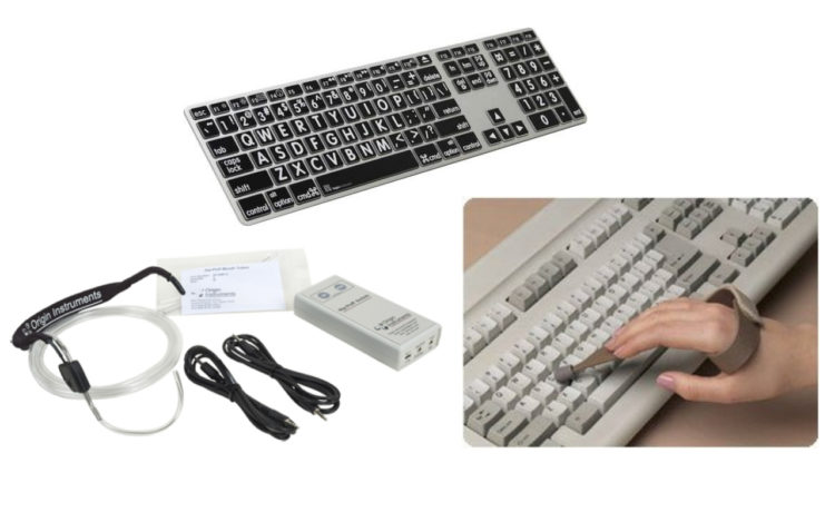 Large key keyboard, Sip and puff headset system and easy grip typing aid