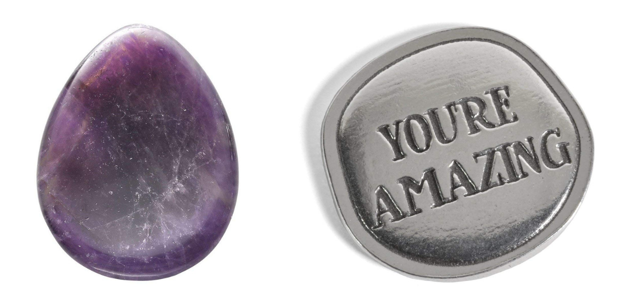 purple amethyst worry stone and 'you're amazing' pewter sentiment coin
